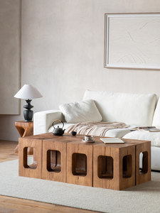 Square Solid Wood Coffee Table Wabi-Sabi Inspired 360 <b>Rotation</b> Ornamentation Deep Texture Cutout Design Home Hotels - Product Image 5