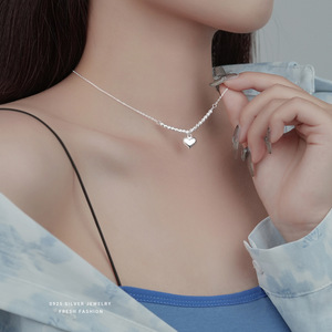 Cinta hati berbentuk bulat kalung manik-manik 925 perak murni wanita liontin hati desain kalung - Product Image 4