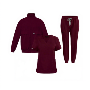 Conjunto de Uniforme Médico Borgoña de 3 Piezas para Hombre y Mujer, Cuello en V, Pantalones Deportivos, Chaqueta Médica - Product Image 1