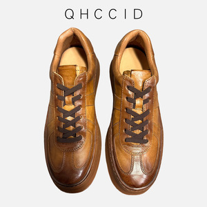 Men's Brown <b>Leather</b> <b>Sneakers</b> Low Top Chunky Sole Handmade Casual Shoes Mid Heel Daily Wear - Product Image 3