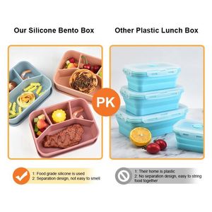Portable Rectangle Silicone <b>Lunch</b> <b>Box</b> Heatable 3 <b>Compartments</b> Large Capacity Microwave Safe for Picnic Travel - Product Image 3