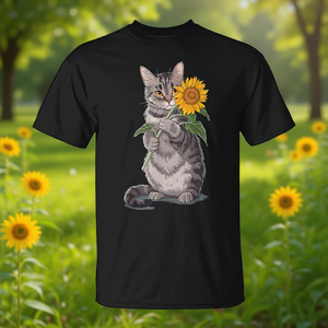 T-shirt unisexe avec motif chat tenant un tournesol, taille moyenne pour adulte - Product Image 3