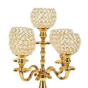 Gouden Kaarsenhouder Tafel Centerpieces 5-armen Hoge Kristallen Bruiloftkandelaar