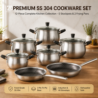 Zhenneng – Ensemble de 12 casseroles et poêles en acier inoxydable 304, 5 casseroles et 2 poêles, compatibles gaz et induction, résistant à la corrosion, durable