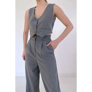 Combinaison grise rayée moderne pour femme, taille haute, tissée, pour le bureau - Product Image 4