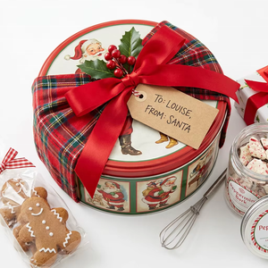 Boîte en métal ronde rouge traditionnelle pour Noël, conteneur métallique pour les fêtes, imprimé sur mesure pour l'emballage de bonbons et biscuits faits maison - Product Image 1