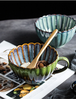Ensemble tasse et soucoupe à thé en porcelaine côtelée motif chrysanthème bleu vintage 220 ml, résistant à la chaleur, écologique, vaisselle de style américain