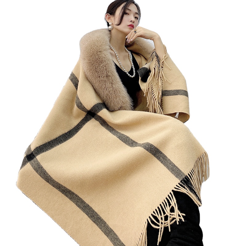 Новая зимняя Женская кашемировая шаль из лисьего меха сохраняющая тепло Роскошная Мягкая шерстяная решетчатая меховая накидка
