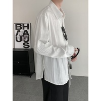 Chemise blanche décontractée pour homme, coupe ample, à rayures verticales, manches longues, avec laçage sur le devant, idéale pour le streetwear quotidien