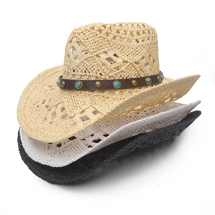 Chapeau de Cowboy pour hommes, 21 pièces, bandeau à large bord, pour la plage, fait à la main, en paille