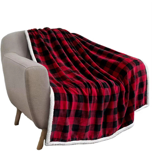 Couverture de luxe en flanelle Sherpa Polaire en flanelle à carreaux rouges Motif à carreaux en velours doux super chaud - Product Image 1