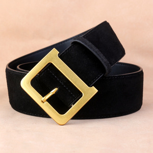 Cinturón ancho de cuero de gamuza para mujer, cinturón minimalista con hebilla cuadrada dorada para ropa exterior - Product Image 1
