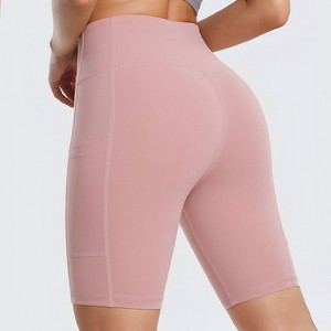 Tiyo High Waisted Yoga Shorts Pink Spandex/Polyester <b>Elastic</b> Waist Quick Dry with Pocket for Running Sports - Product Image 4