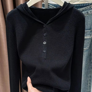 2025新着秋冬デザイナーフード付きニットジャケット女性用ブルゴーニュプルオーバー長袖ストレッチベースレイヤートトップ - Product Image 1