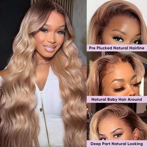 Perruque Sans Colle Frontale Complète 13x6 en Dentelle HD Pré-Coupée Ombrée Blond Cendré Couleur Thé Vison, Cheveux Vierge Bruts, Perruque Frontale en Dentelle de Cheveux Humains - Product Image 2