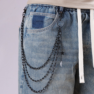Black Multi Layered Pants <b>Chain</b> With Star And Moon Pendant Zinc Alloy Waist <b>Chain</b> For Casual Hip Hop Style - Product Image 1