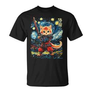 Camiseta estilo noche estrellada con diseño de gato samurái ninja japonés, unisex para adultos - Product Image 1