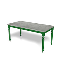 Table à manger en béton texturé vert émeraude avec pieds tournés, style moderne pour cuisine et restaurant