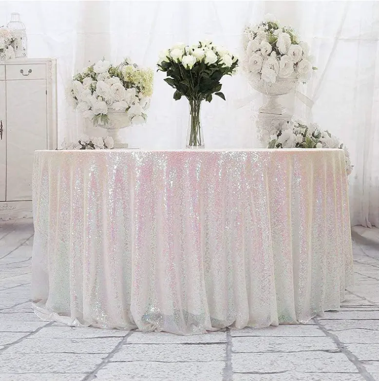 Fancy Birthday Party Tổ Chức Sự Kiện Bàn Tiệc Vải Lanh Overlay Bìa Trang Trí Rose Gold Sequin 120 Inch Wedding Vòng Khăn Trải Bàn