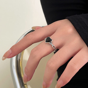 S925 Sterling Silver Black Agate Heart <b>Ring</b> <b>Open</b> Design For Index Finger Women's Jewelry Everyday Wear - Product Image 3