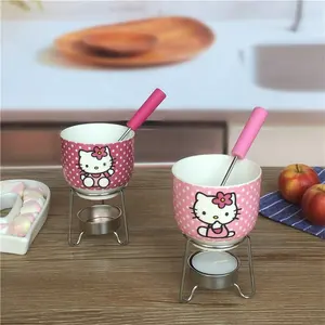 Cangkir Fondue Keramik Kecil Bagus, Cangkir Fondue untuk Hidangan Penutup Warna Merah Muda Kartun Kitty Harga Murah