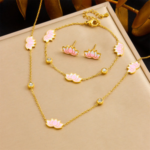 Lotus Flower Jewelry <b>Set</b> Zinc Alloy Pink Gradient Rhinestone Necklace Earrings <b>Bracelet</b> Gift <b>Set</b> - Product Image 1