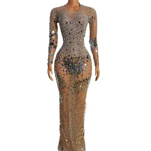 Nude Color Mesh Irregular Sequined Luxury Diamond Birthday Party Long Dress Long Sleeve See through Nightclub Dress