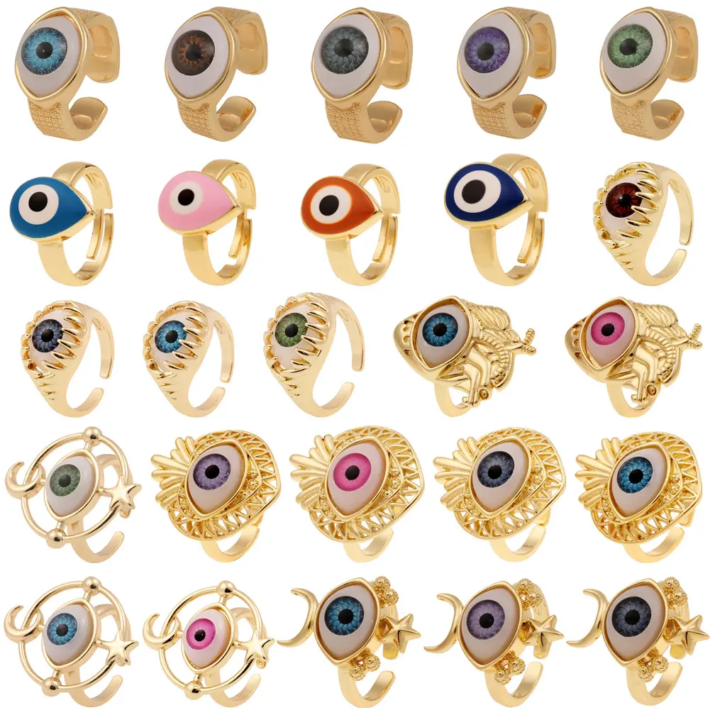 Anéis de dedos para mulheres e homens, anéis de olho de dedo azuis turcos banhados a ouro ajustável