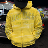 Yingling Sweat à capuche zippé en coton vintage, brodé avec appliqué, ourlet brut, effet délavé, coupe courte, personnalisable OEM ODM, unisexe