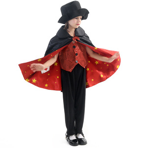 Children Magician Costume Red Star Cape Top Hat Magic Wand Performance Cosplay Outfit Party Role Play Dress Up Suit - Product Image 3