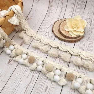 Accesorios artesanales hechos a mano, pompones de bola de ancho, 6CM, cinta de flecos, costura, tela de encaje blanco Beige