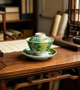 Bol à thé en porcelaine peint à la main, motif Chinoiserie Famille Rose, motif <span class=keywords><strong>Bok</strong></span> Choy, Gaiwan avec couvercle et soucoupe - Product Image 4