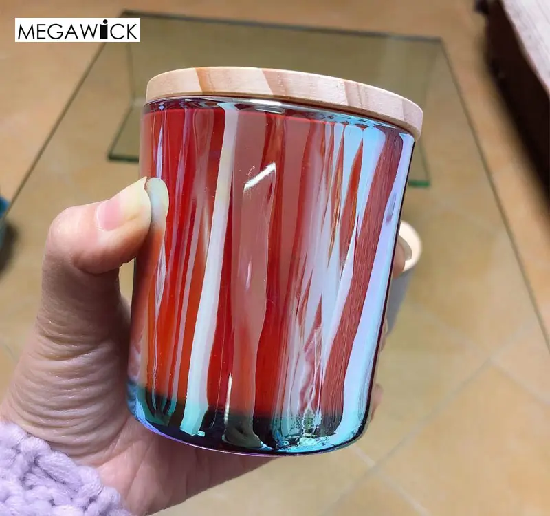 Brillante Iridescente Supporto di Candela con Coperchio di Legno per la Produzione di Candela, Colore Rosa di Lusso di Vetro Di Soia Tazza di Candela