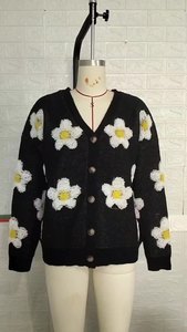 Cardigan tricoté décontracté pour femme, col en V, motif floral 3D, collection automne-hiver explosive, tendance - Product Image 5