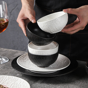 Juego de Vajilla de Porcelana Ecológico con Diseño Retro Clásico de Roca, Tazón para Sopa, Platos para Cena/Pescado/Filete, Blanco y Negro - Product Image 6