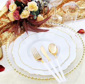 Assiettes Jetables en <span class=keywords><strong>Plastique</strong></span>, Cannelées, Bord Doré, pour Dîner, 19 cm et 26 cm, Ensemble de <span class=keywords><strong>Vaisselle</strong></span> de Fête - Product Image 2