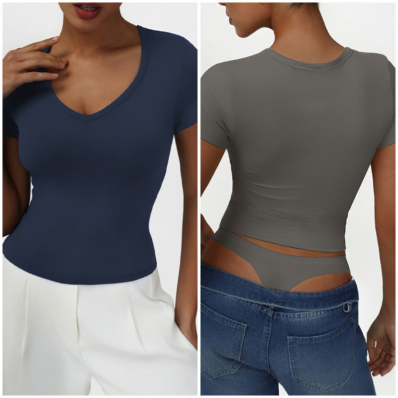 Sm2524-2 Women Short Sleeve Sports Tops V-neck Sexy Beautiful Back Fitness Clothing Quick-drying Breathable Sport Wear Women