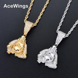 AceWings CN074 Collana Hip Hop Iced Out con Design Buddha CZ Bling Bling Placcata Oro/Argento con Catena a Corda, Regalo - Product Image 1