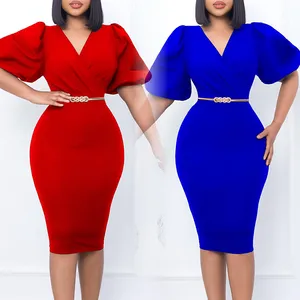 ladies clothing2024 women lady temperament elegant New puff sleeve V neck hip professional commuter women's office casual dress