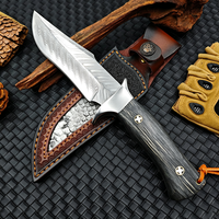 Couteau de survie à lame fixe en acier Damas Full Tang avec manche en bois d'ébène pour le camping et la randonnée en plein air