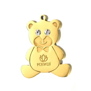 Yiwu Duoqu Stainless Steel Newest Cute Animal Shape Brand Logo Stamped Deep Engraved Stone Eyes Gold Bear Charm
