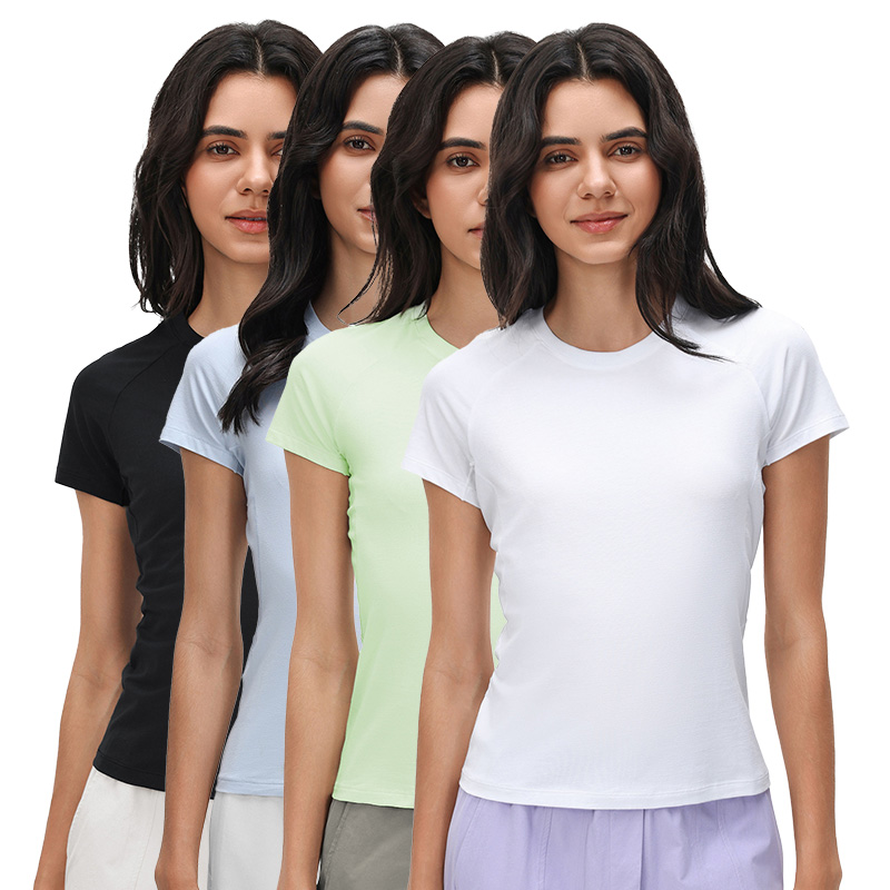 D26037 Women Summer 66.1%cotton Fitness Short Sleeve Round Collar Stretch Running Yoga Solid Slim Fit Sweet Speed Dry T-shirt