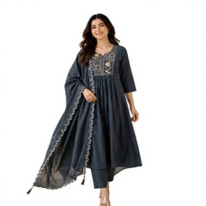 Ensemble Anarkali brodé bleu sarcelle avec dupatta, tenue traditionnelle longue pour femme, style décontracté Inde Pakistan, en coton - Product Image 1