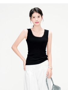 Canotta da <span class=keywords><strong>donna</strong></span> in maglia a costine 260GSM con finiture in pizzo, 95% <span class=keywords><strong>cotone</strong></span> 5% spandex, senza maniche, casual estiva, basic, sottogiacca - Product Image 6