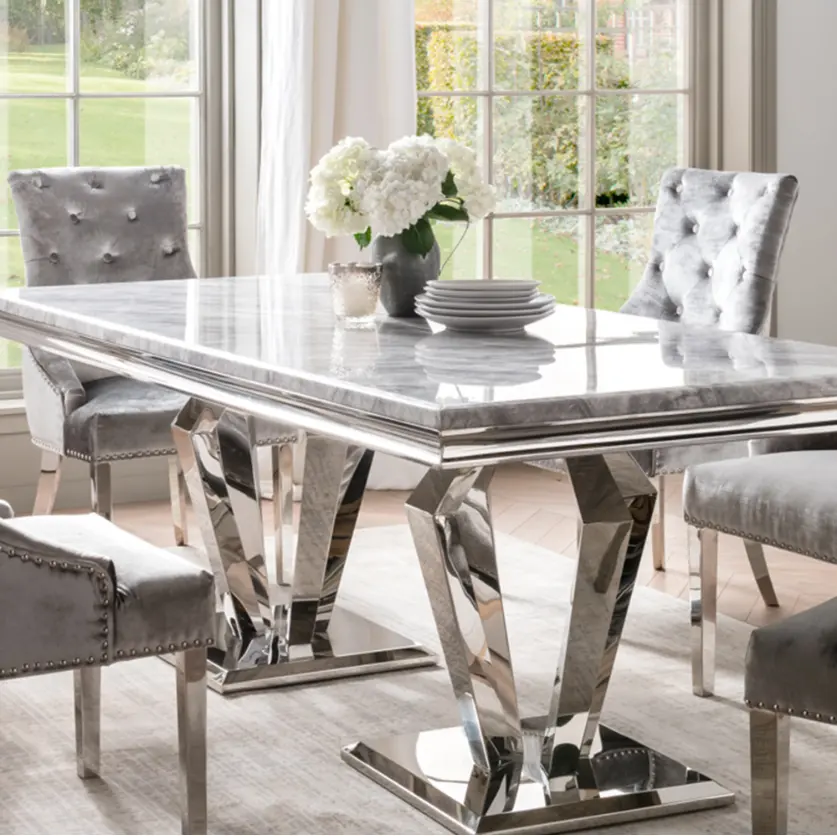 Роскошный серый обеденный стол с мраморным верхом, набор прямоугольных столов, мебель для столовой с измельченными бриллиантами