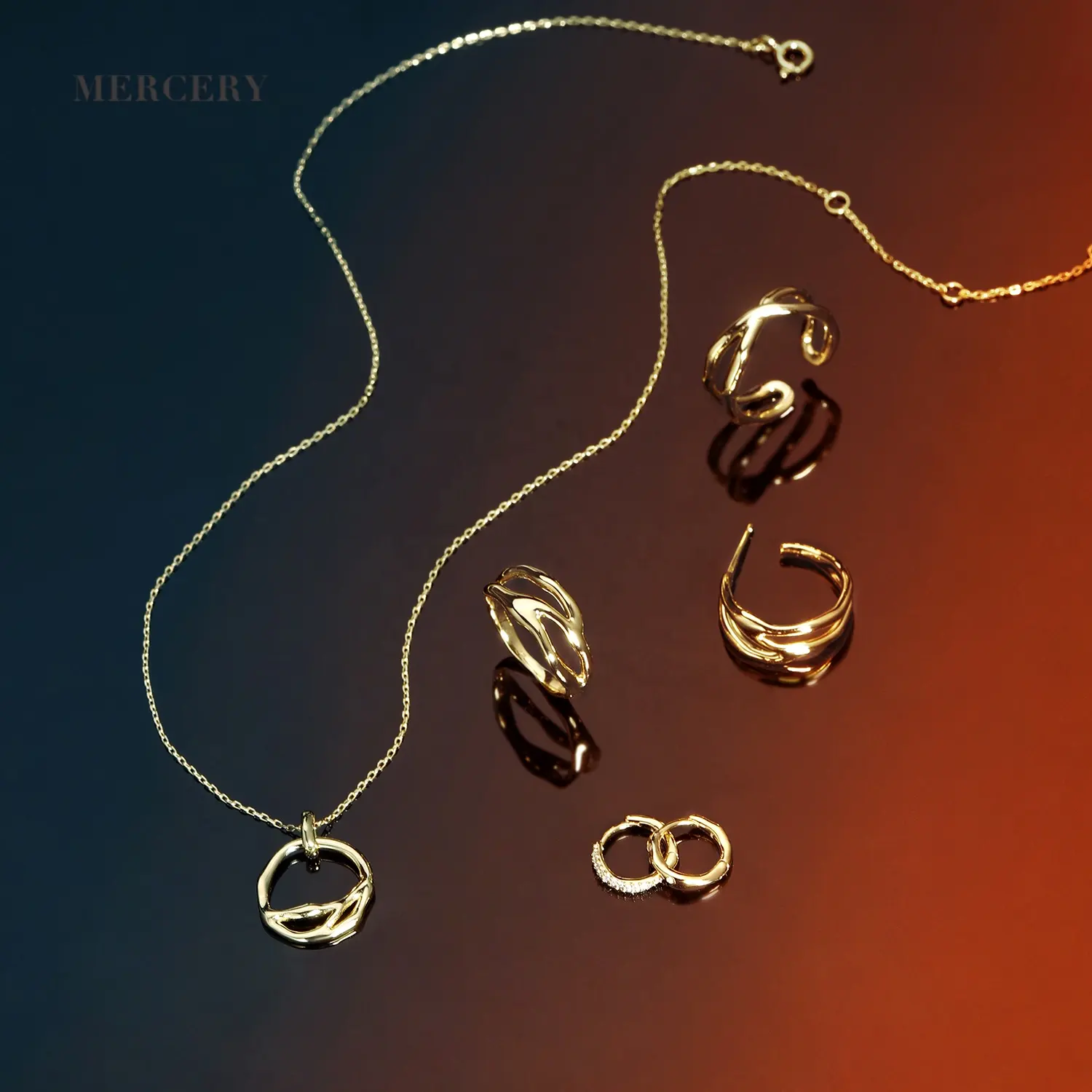 Mercery, оптовая продажа, уникальные жидкие металлические полые OEM ODM Циркон 14 К Позолоченные Вермейл стерлингового серебра 925, наборы ювелирных украшений на заказ