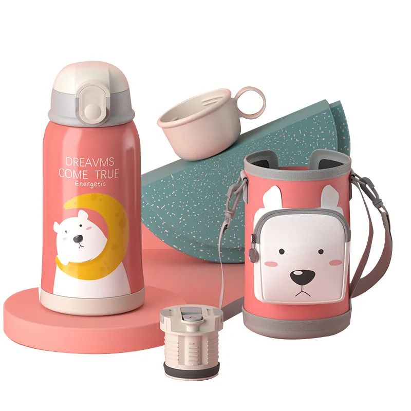 Children's Thermos Cup with Bag Silicone Straw 316 Stainless Steel Vacuum Insulated Cute Leakproof Baby Drinking Bottle