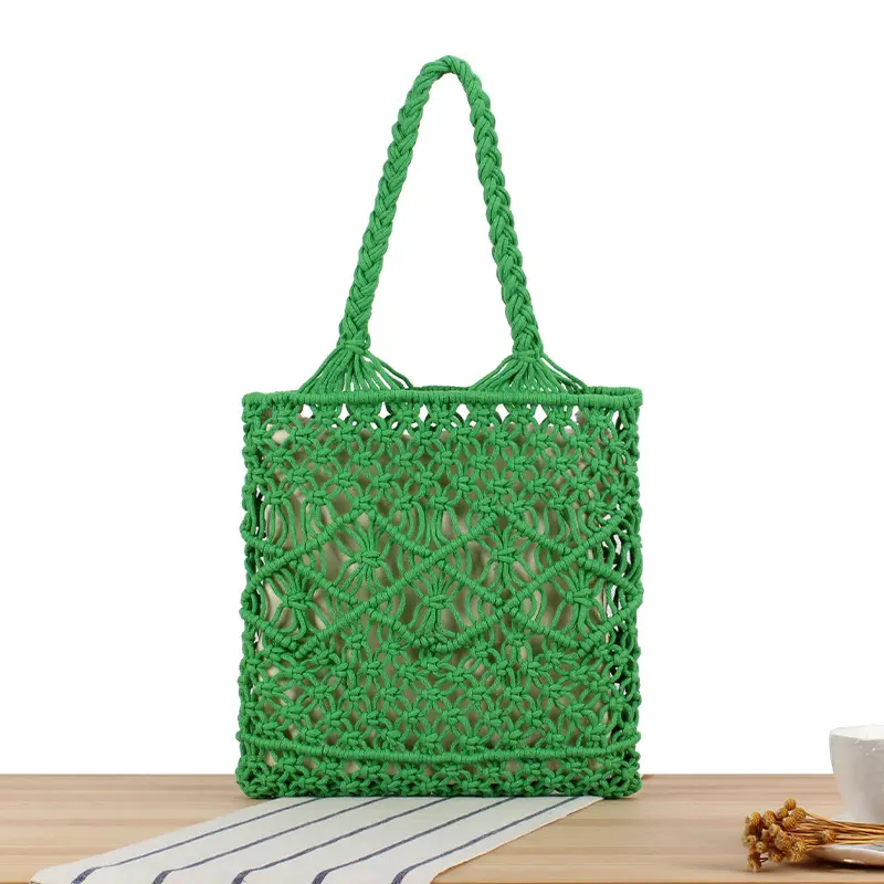 Simple hollow hand crocheting tote bags solid color rope woven travel holiday beach handmade crochet bags