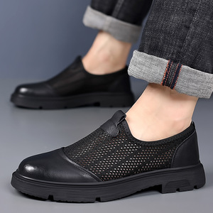 Chaussures bateau en cuir respirantes pour hommes, à enfiler, noires, semelle souple, décontractées, pour l'été - Product Image 1