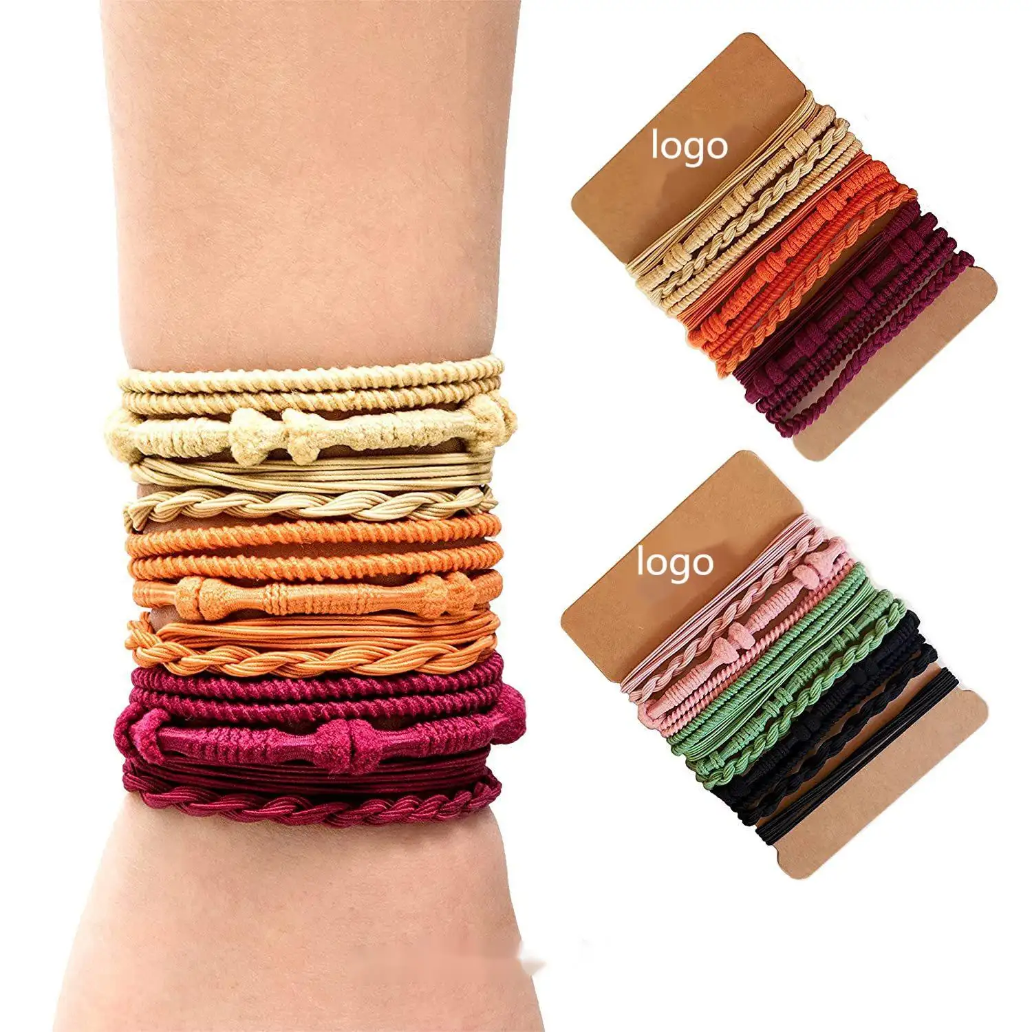 Boho Tóc Tie Vòng Đeo Tay Tùy Chỉnh Màu Sắc Đóng Gói Logo Scrunchie Tóc Quan Tâm Bộ Miễn Phí Kết Hợp Tóc Tie Vòng Đeo Tay Cho Phụ Nữ